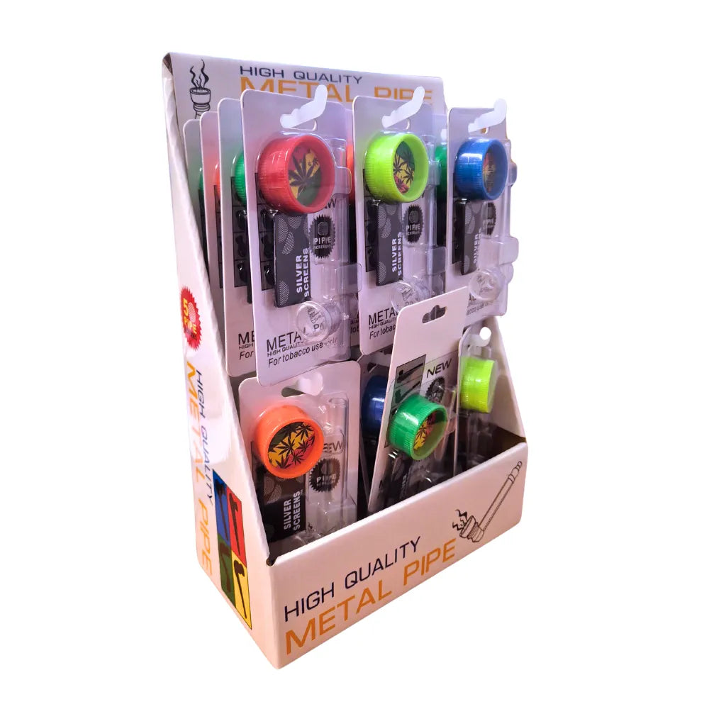 Display box of 24 high quality metal pipes with colourful grinders on a white background