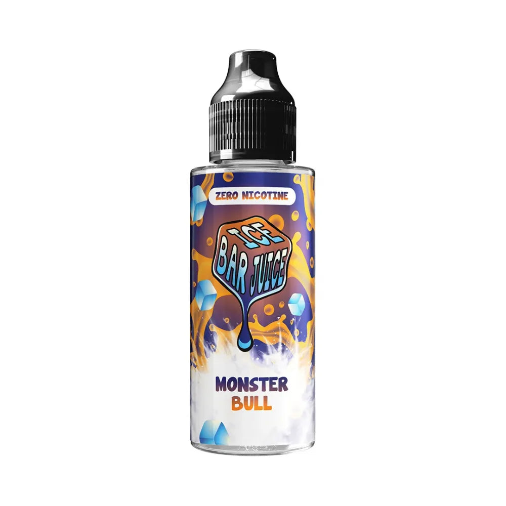Bottle of Ice Bar Juice Monster Bull e-liquid on a white background