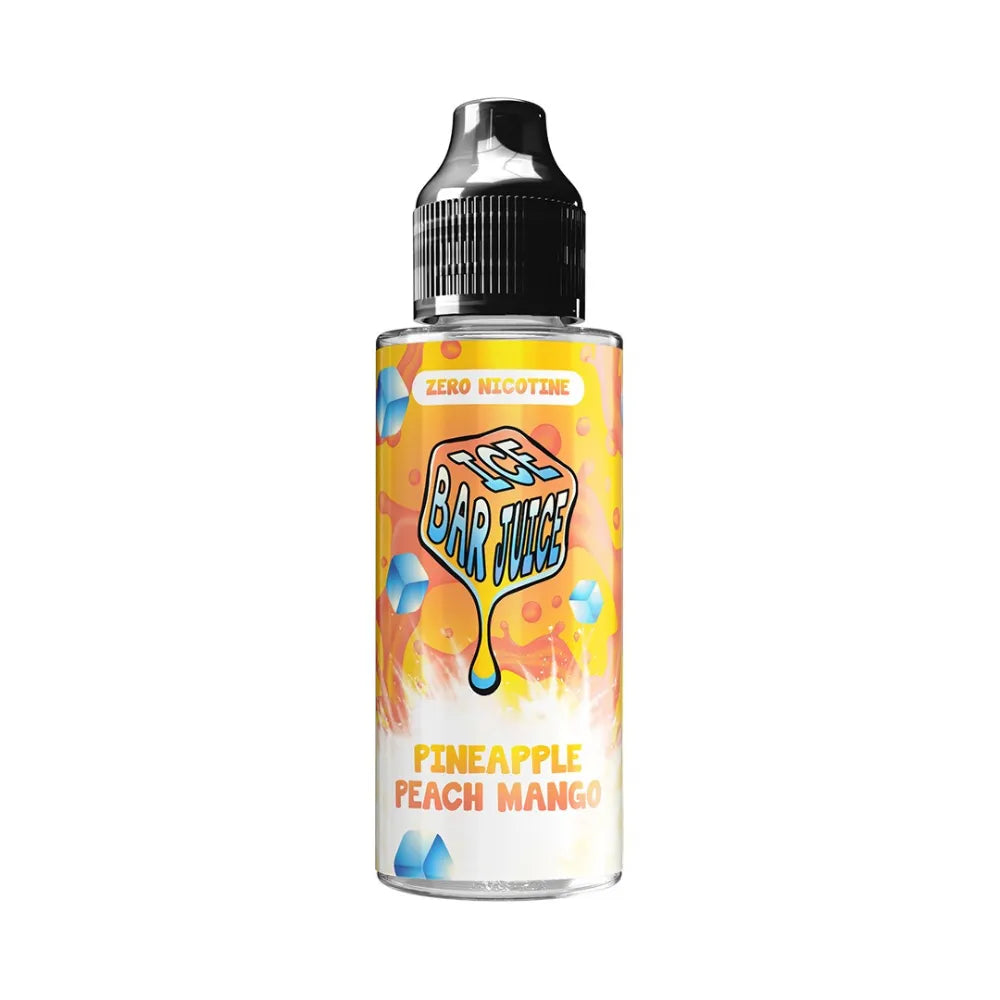 ice bar juice Bottle of Pineapple Peach Mango e-liquid with colorful label on a white background