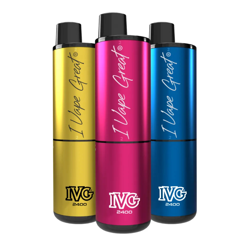 Three IVG vape devices in yellow, pink, and blue on a white background