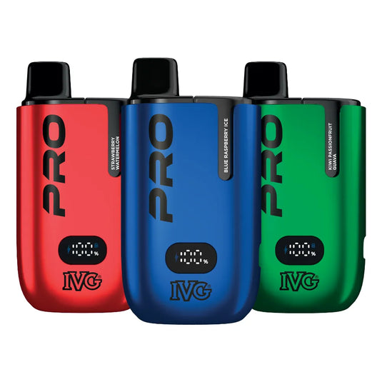 Three IVG Pro vape devices in red, blue, and green on a white background