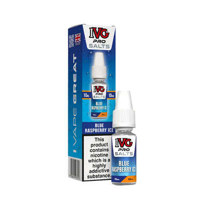 A 10ml bottle of IVG Pro Salts Blue Raspberry Ice e-liquid next to its blue packaging box, displayed on a clean white background.