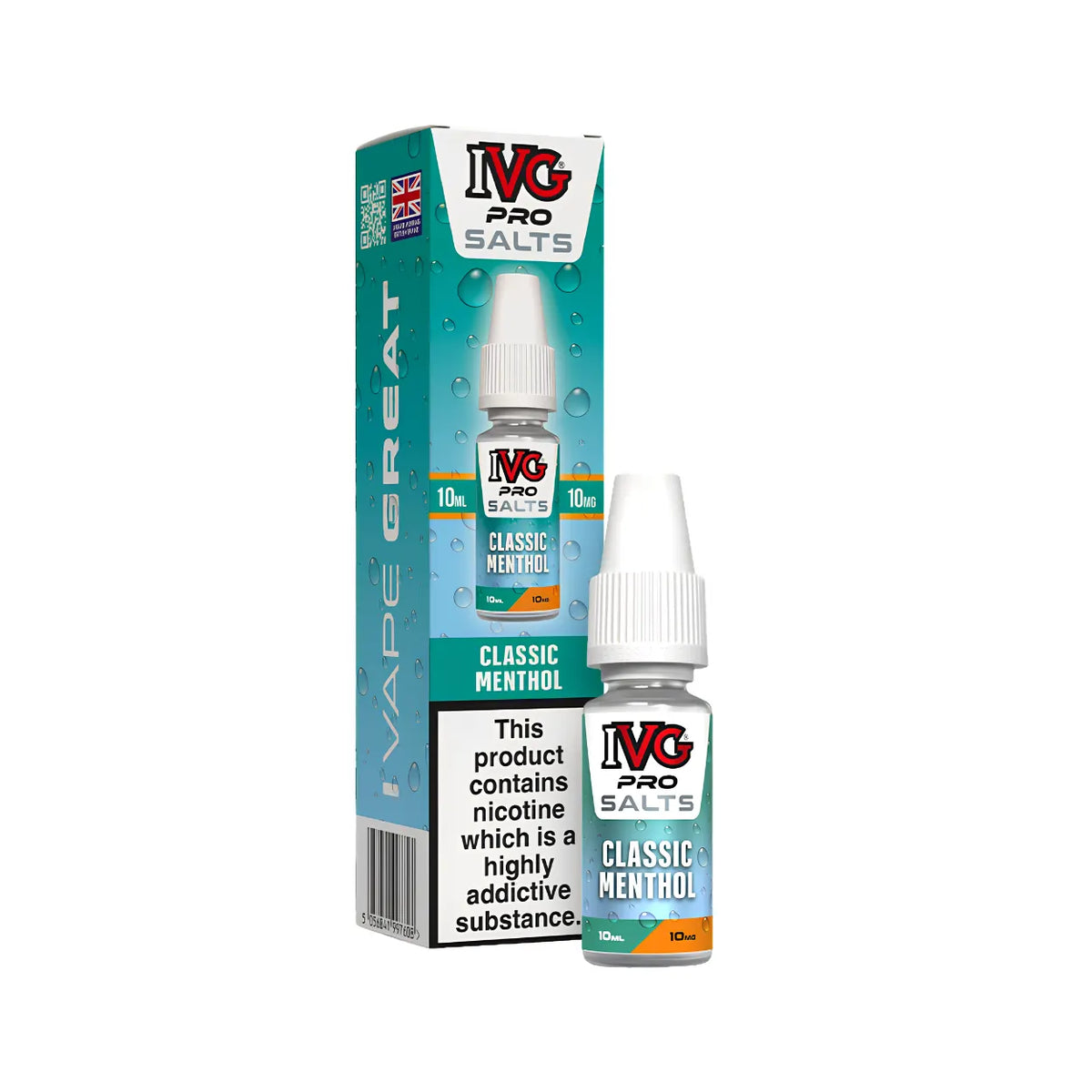 A 10ml bottle of IVG Pro Salts Classic Menthol e-liquid next to its retail packaging box, both featuring a teal and white design with orange accents.