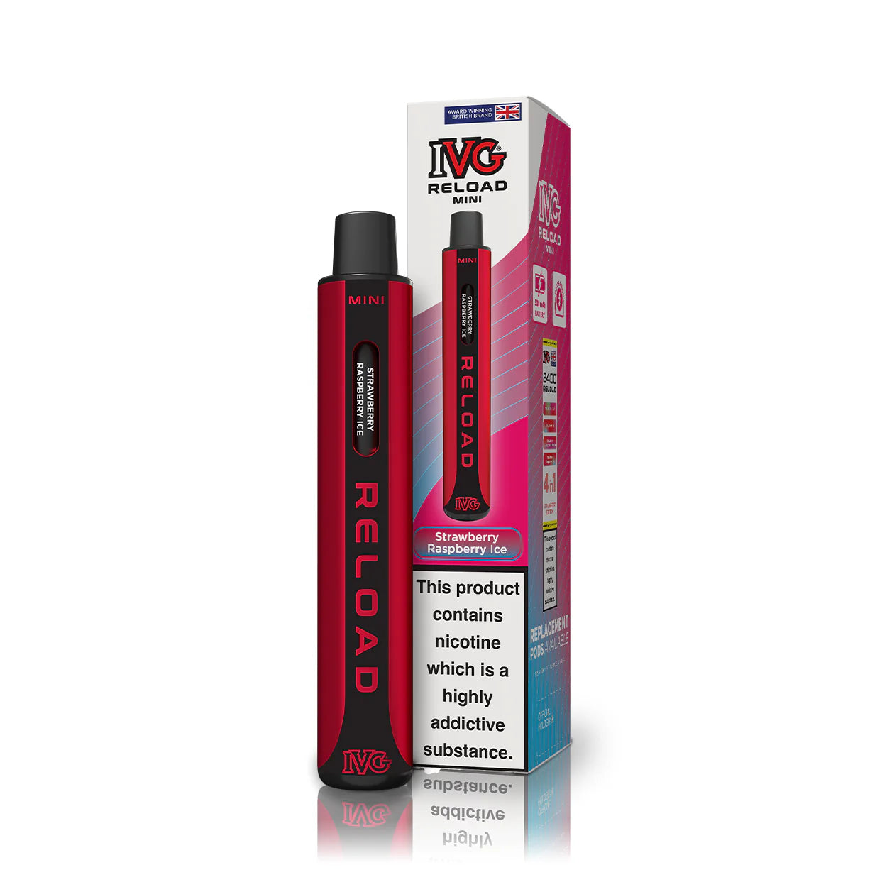 IVG Reload strawberry raspberry ice vape pen and packaging on a white background