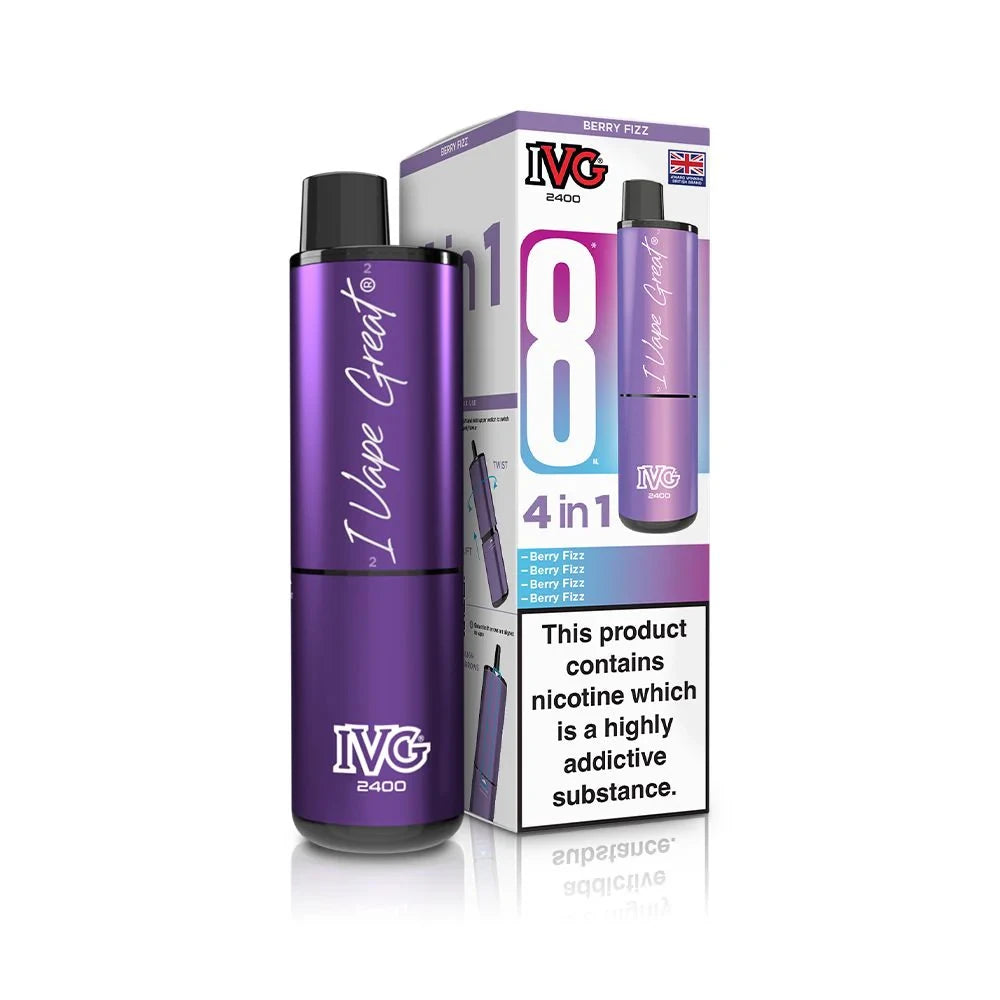 IVG 2400 recharge 8 vape device in "berry fizz" flavour with colourful packaging on a white background.