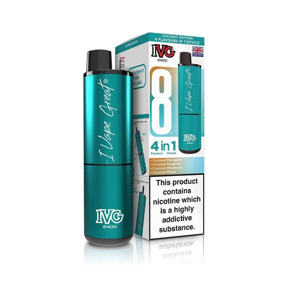 IVG 2400 recharge 8 vape device in "coconut edition" flavour with colourful packaging on a white background.