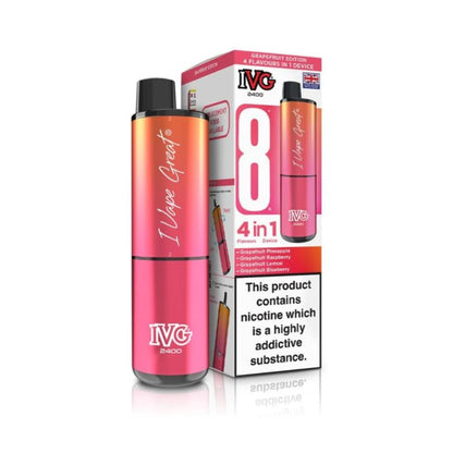 IVG 2400 recharge 8 vape device in "grapefruit edition" flavour with colourful packaging on a white background.