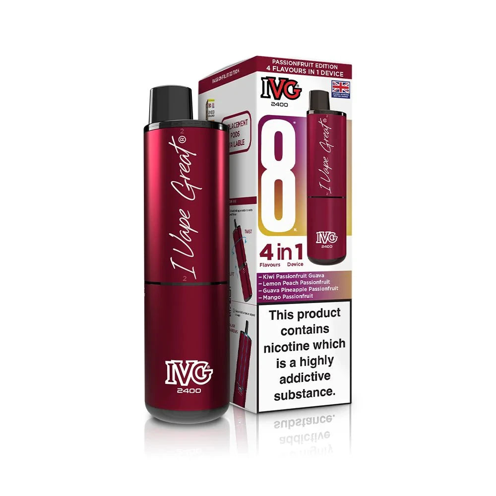 IVG 2400 recharge 8 vape device in "passionfruit edition" flavour with colourful packaging on a white background.