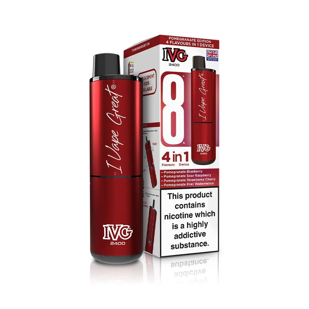 IVG 2400 recharge 8 vape device in "pomegranate edition" flavour with colourful packaging on a white background.
