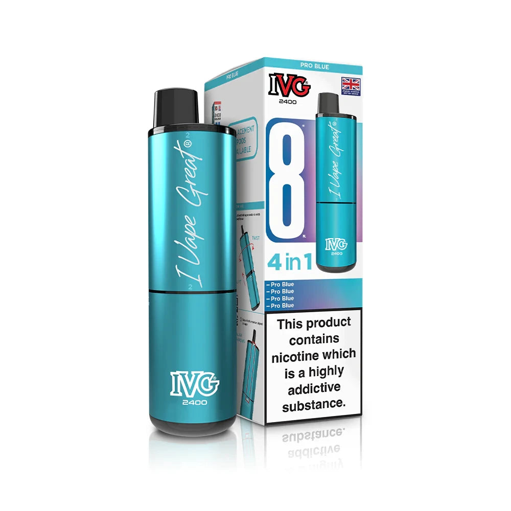 IVG 2400 recharge 8 vape device in "Pro Blue" flavour with colourful packaging on a white background.