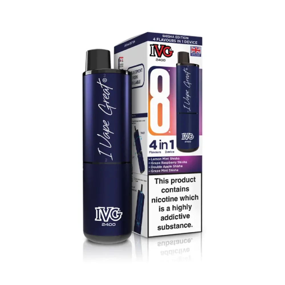 IVG 2400 recharge 8 vape device in "Shisha Edition" flavour with colourful packaging on a white background.