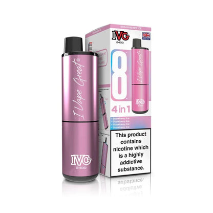 IVG 2400 recharge 8 vape device in "Strawberry Ice" flavour with colourful packaging on a white background.