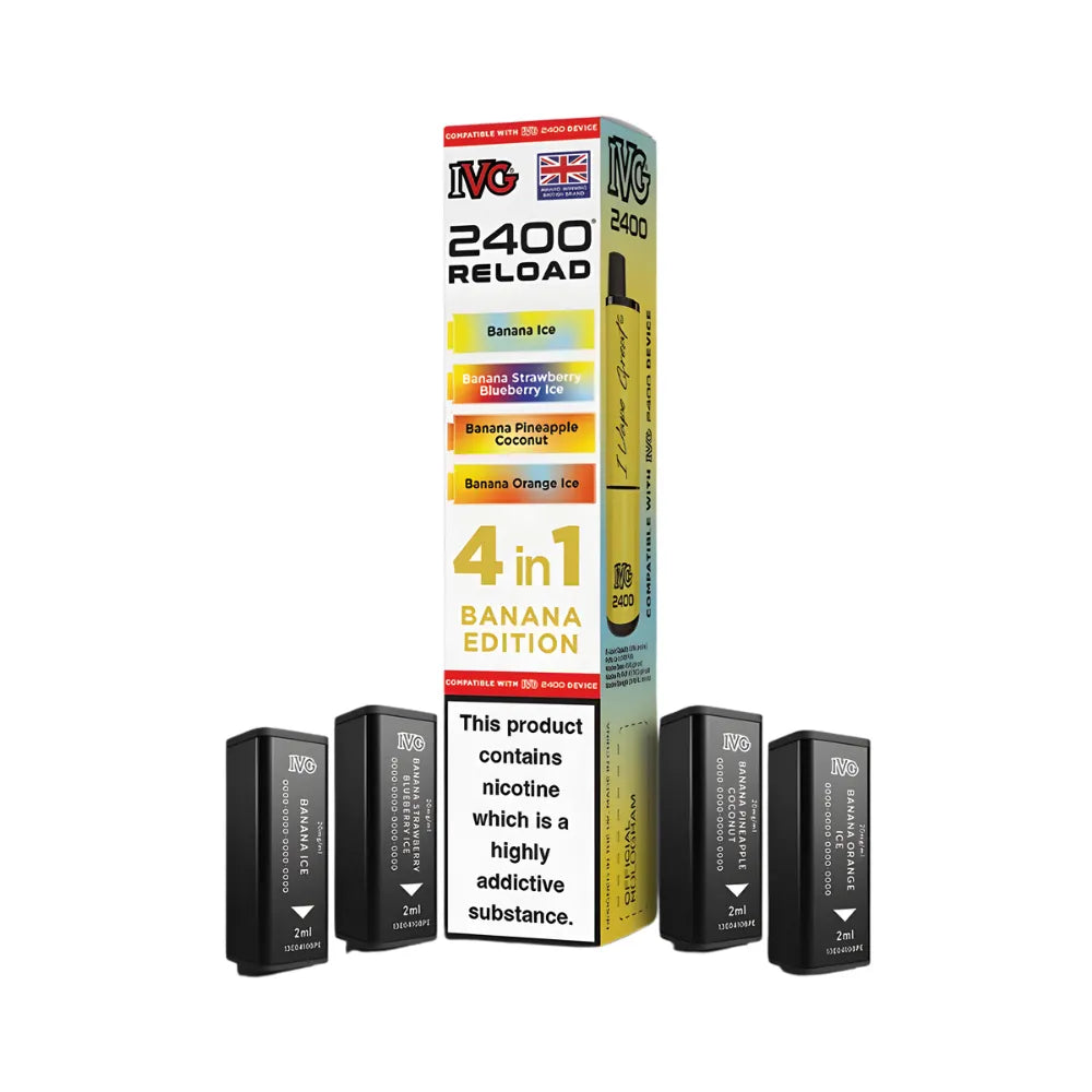 IVG 2400 Reload 4in1 Banana Edition colourful packaging with 4 black pods on a white background