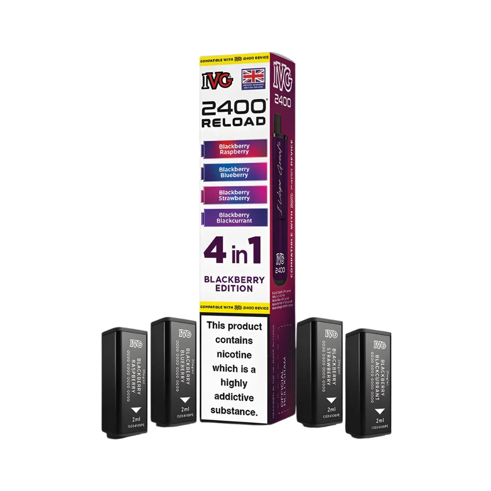 IVG 2400 Reload 4in1 Blackberry Edition colourful packaging with 4 black pods on a white background