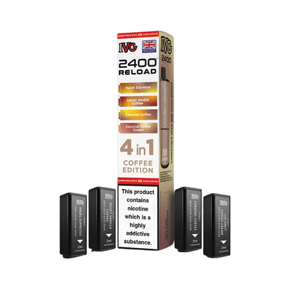 IVG 2400 Reload 4in1 Tobacco Edition colourful packaging with 4 black pods on a white background