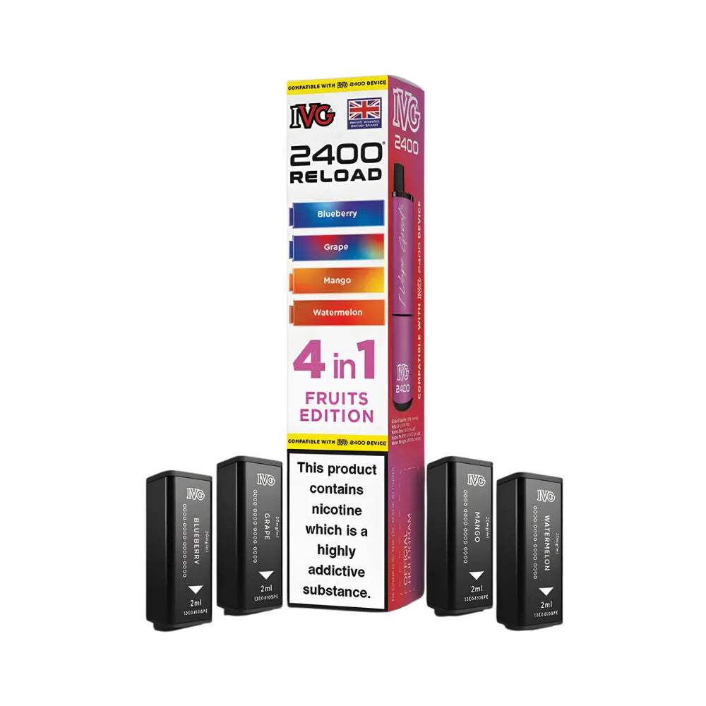 IVG 2400 Reload 4in1 Fruits Edition colourful packaging with 4 black pods on a white background