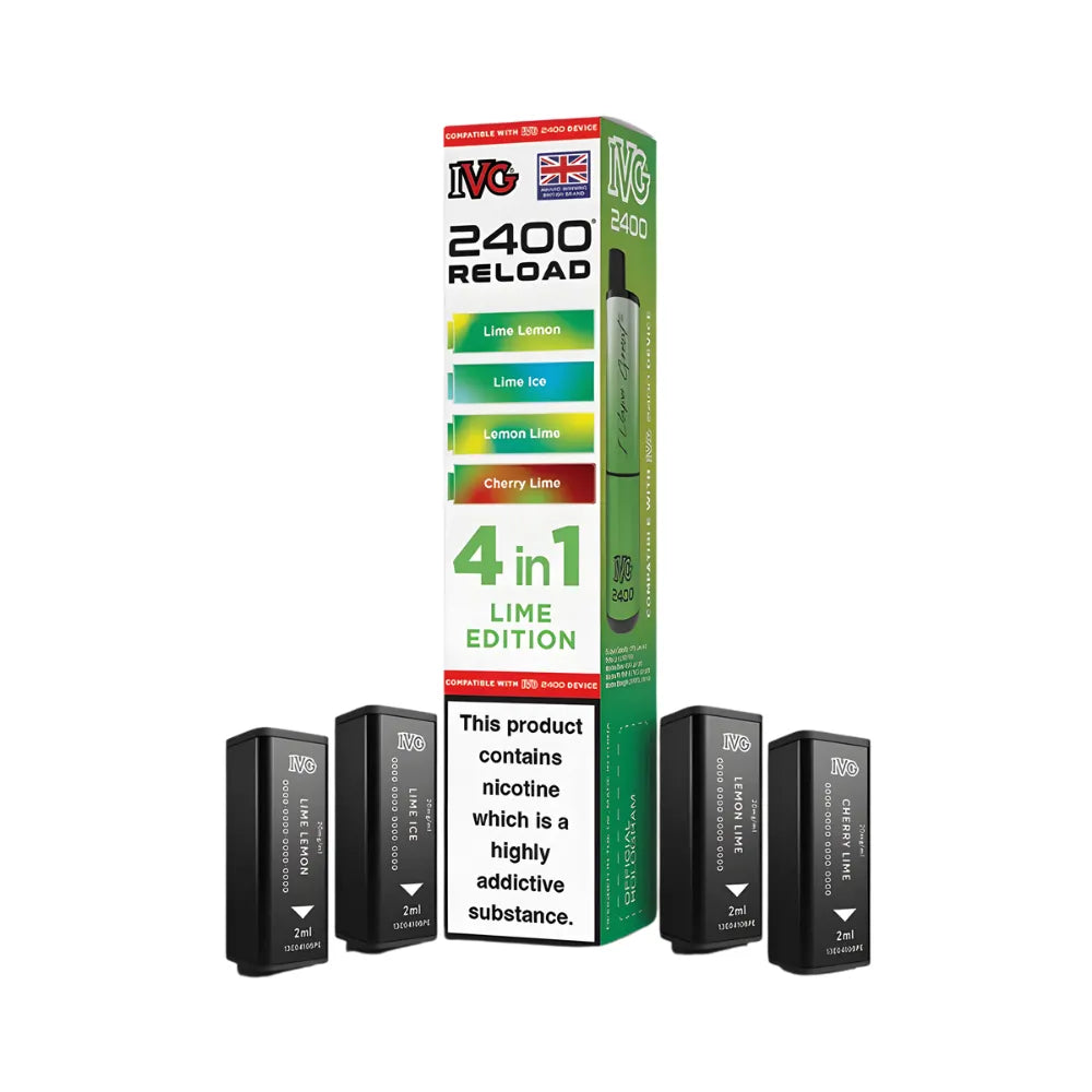 IVG 2400 Reload 4in1 Lime Edition colourful packaging with 4 black pods on a white background
