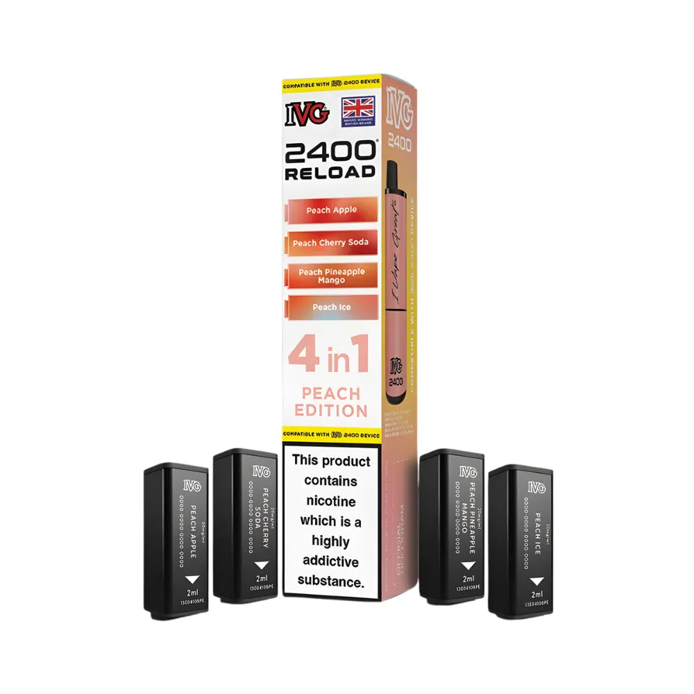 IVG 2400 Reload 4in1 Peach Edition colourful packaging with 4 black pods on a white background