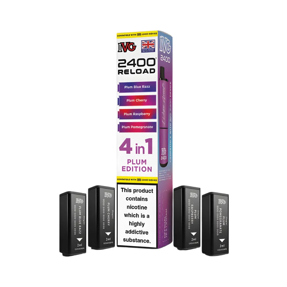 IVG 2400 Reload 4in1 Plum Edition colourful packaging with 4 black pods on a white background