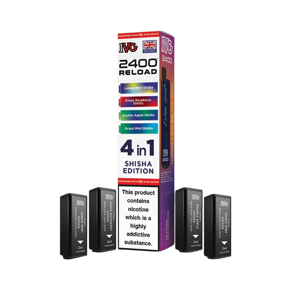 IVG 2400 Reload 4in1 Shisha Edition colourful packaging with 4 black pods on a white background