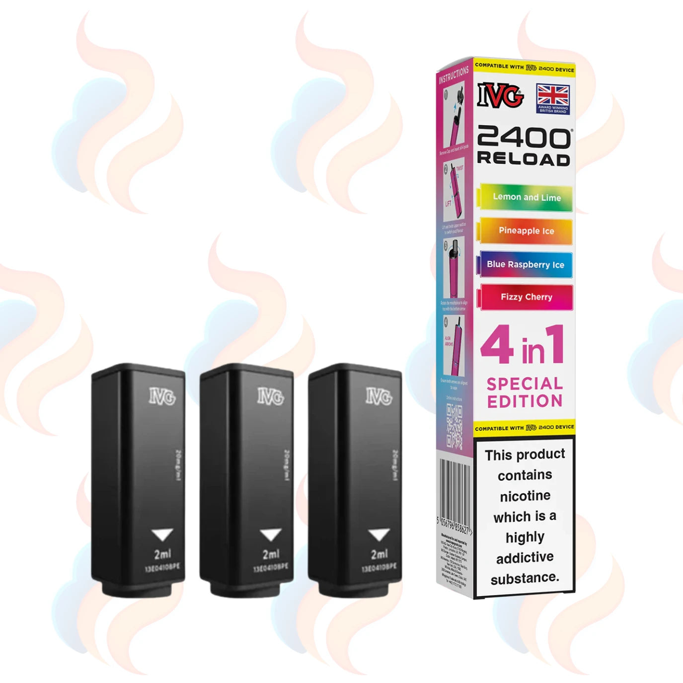 Three IVG 2400 Reload vape refill pods with packaging on a white background.