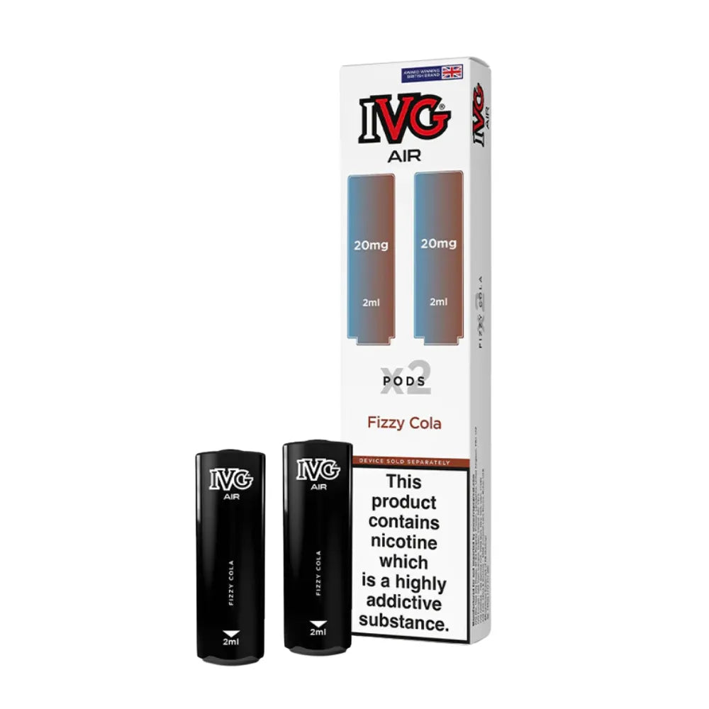 IVG Air vape pods fizzy cola and packaging on a white background