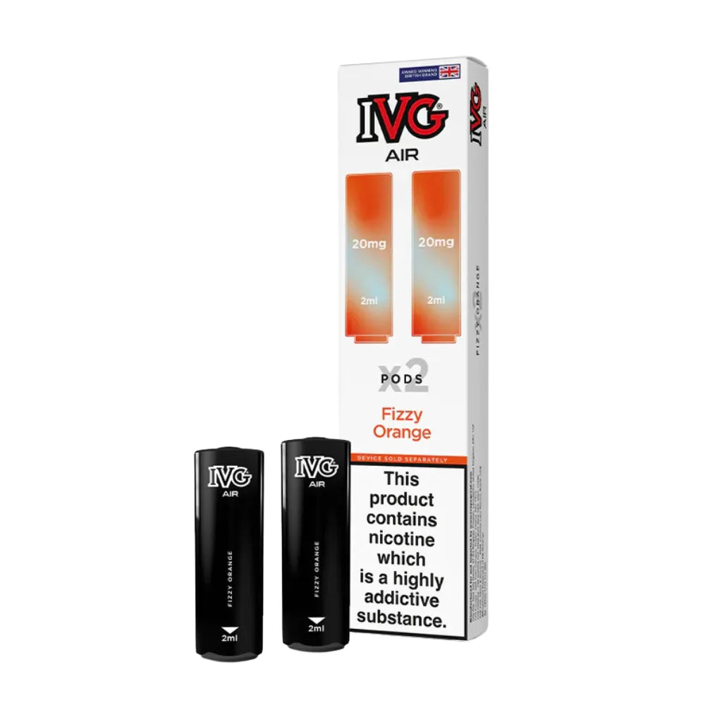 IVG Air vape pods fizzy orange and packaging on a white background