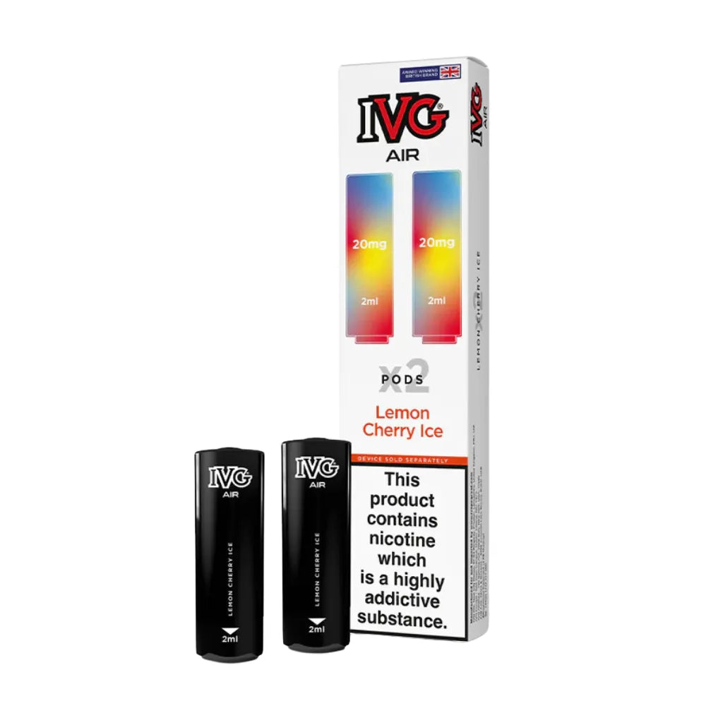 IVG Air vape pods lemon cherry ice and packaging on a white background