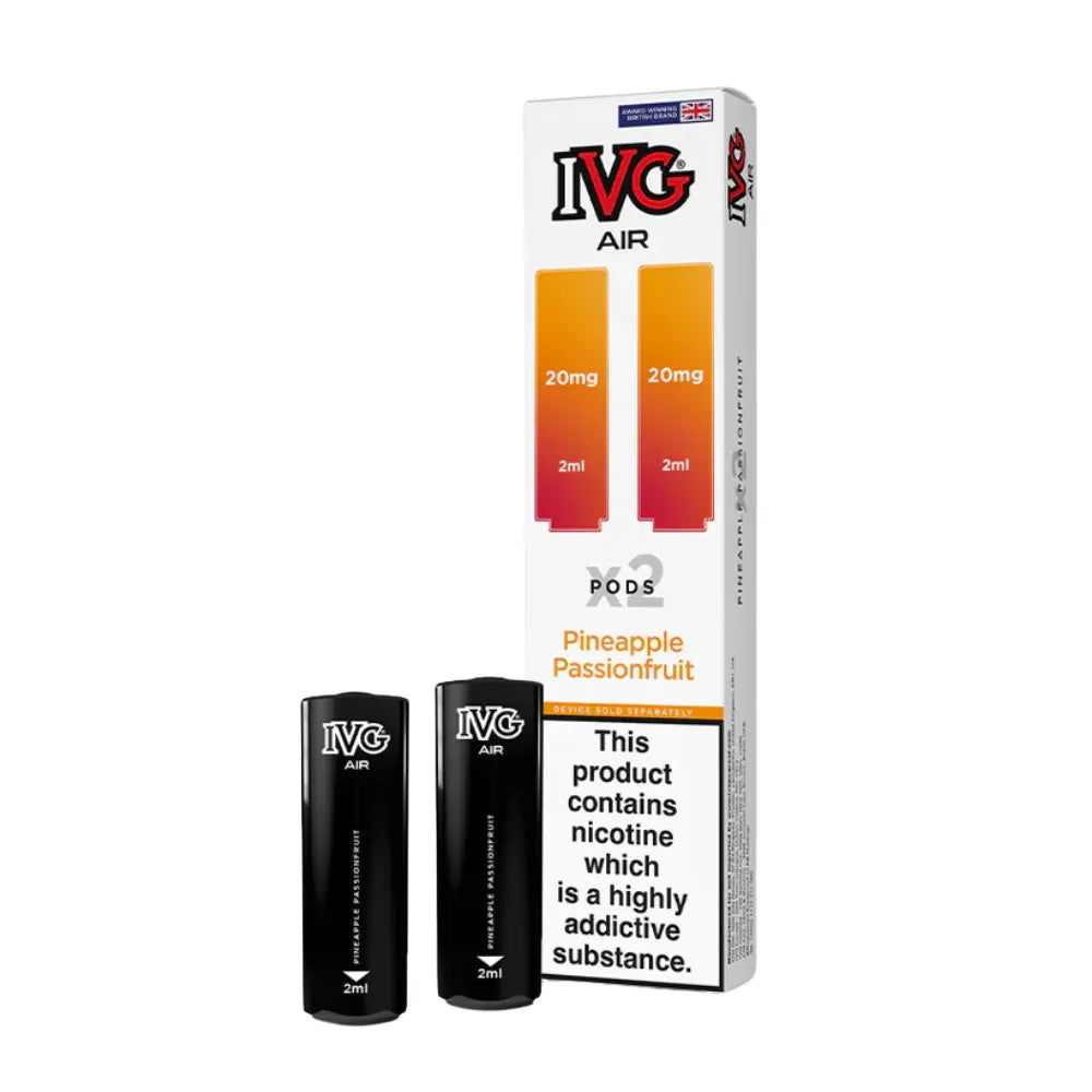 IVG Air vape pods pineapple passionfruit packaging with nicotine warning label on a white background
