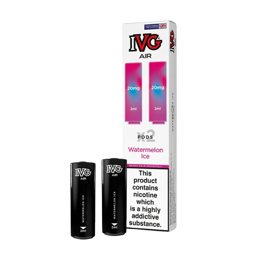 IVG Air watermelon ice vape pods packaging with two black vape pods on a white background