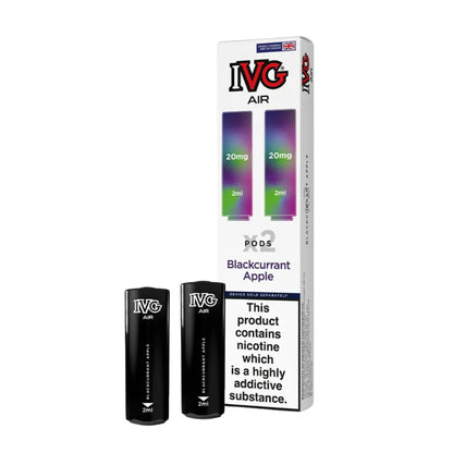 IVG Air vape pods blackcurrant apple and packaging on a white background