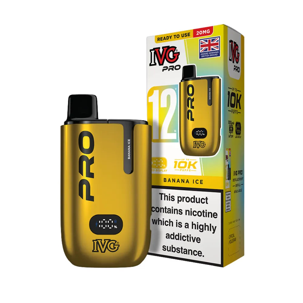 Yellow IVG Pro vaping device with packaging on a white background
