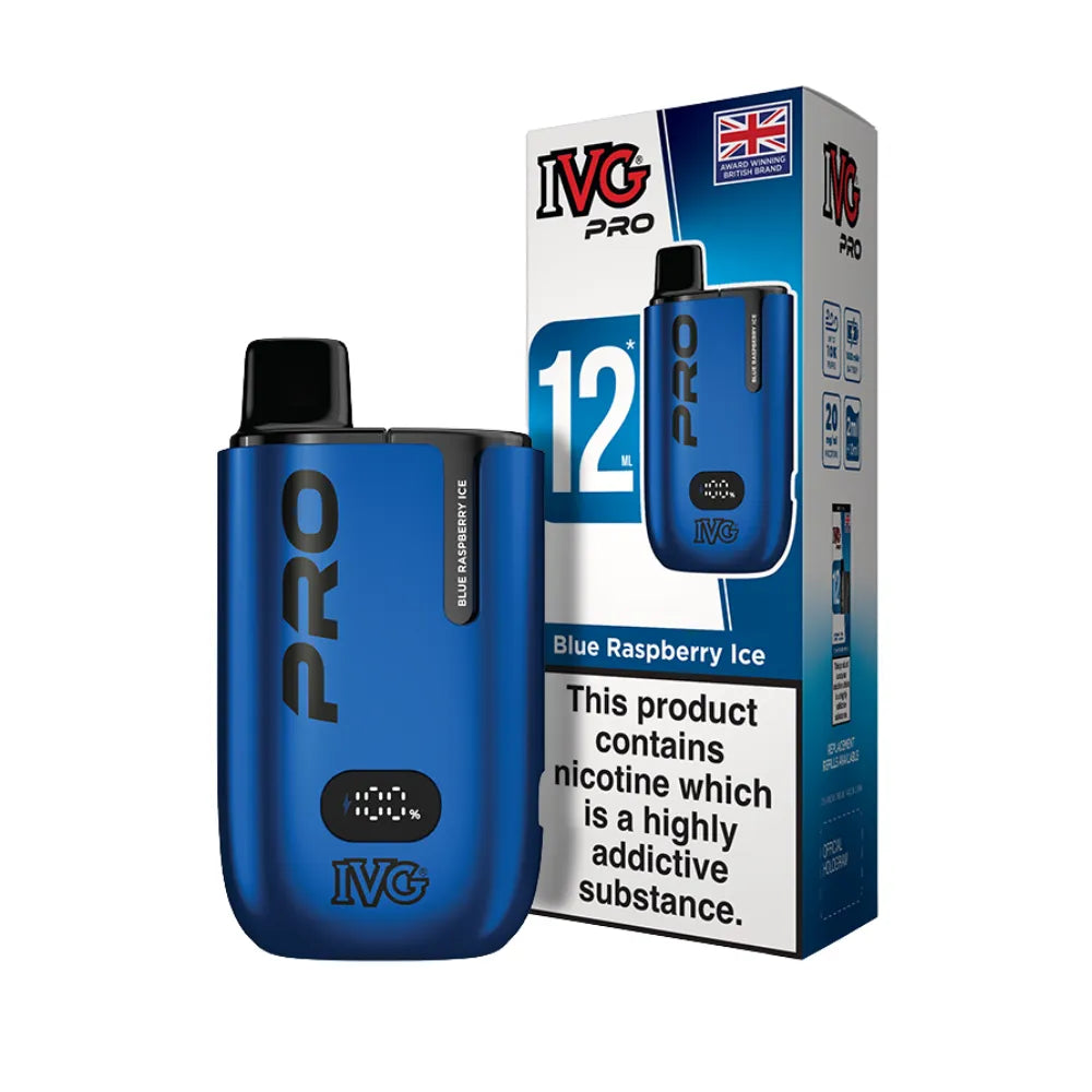 Blue IVG Pro vaping device and packaging on a white background