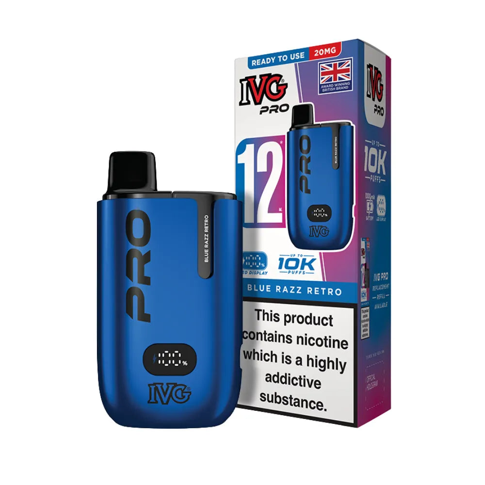 Blue IVG Pro vaping device with packaging on a white background