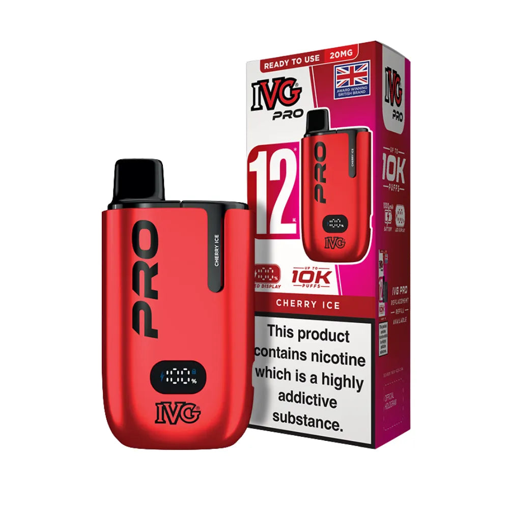 Red IVG Pro vaping device with packaging on a white background