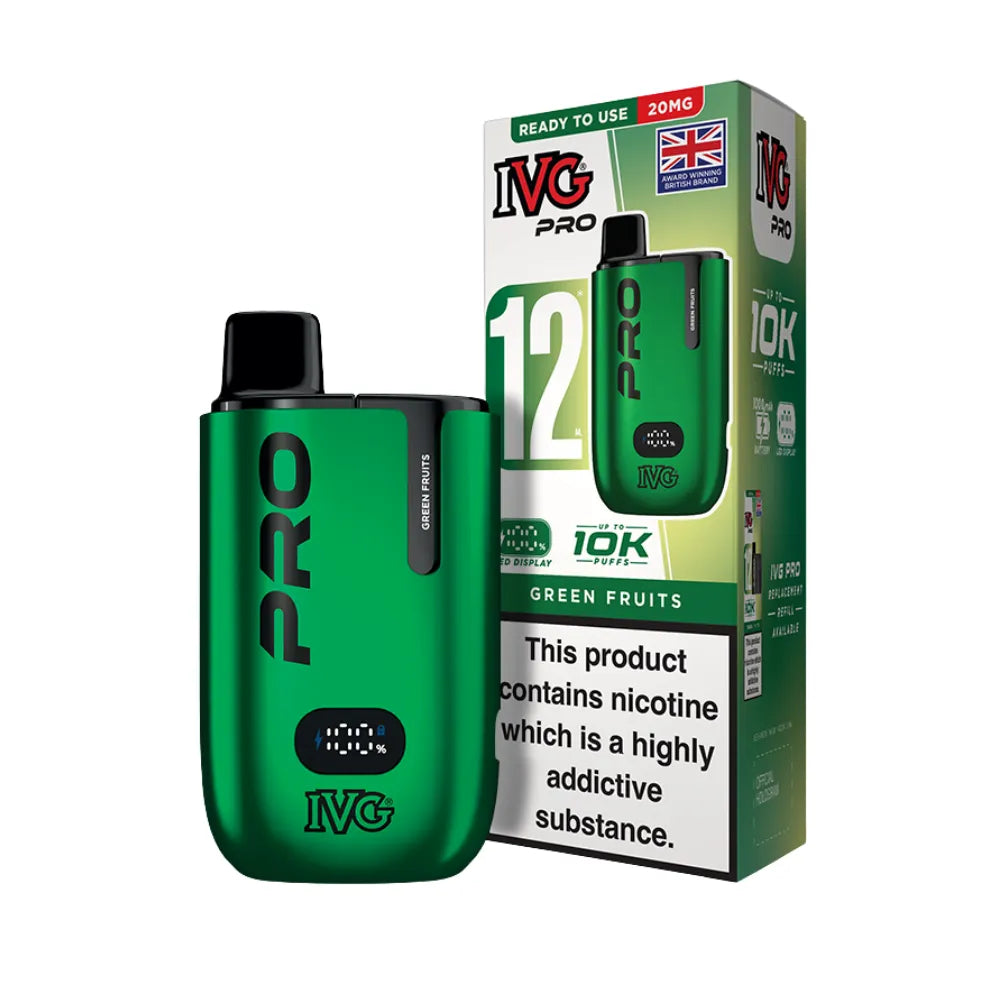 Green IVG Pro vaping device and packaging on a white background