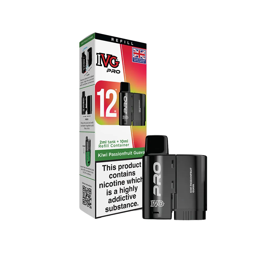 IVG Pro pod Kiwi Passionfruit Guava with packaging on a white background