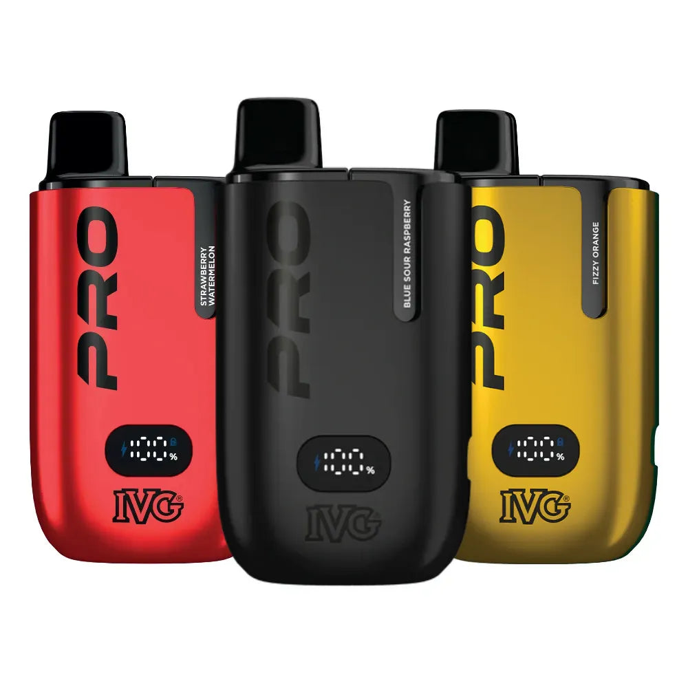 Three IVG Pro vape devices in red, black, and yellow on a white background