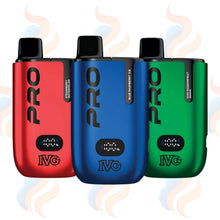 Three IVG Pro vape devices in red, blue, and green on a white background with smoke effects.