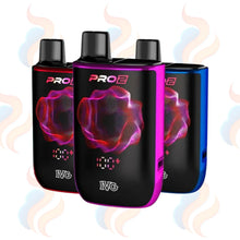Three IVG Pro 2 vape devices in black with colourful designs on a white background.