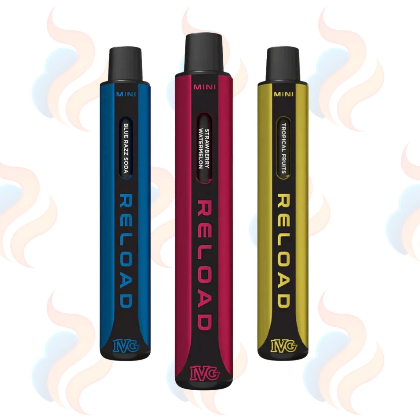 Three IVG Reload vape devices in blue, red, and yellow on a white background with subtle smoke graphics.