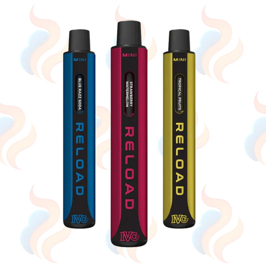 Three IVG Reload vape devices in blue, red, and yellow on a white background with subtle smoke graphics.