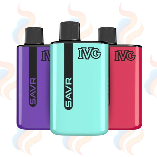 Three IVG SAVR vape devices in purple, green, and red on a white background with smoke effects.