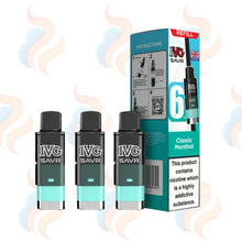 Three IVG Savr vape refill pods with packaging on a white background.