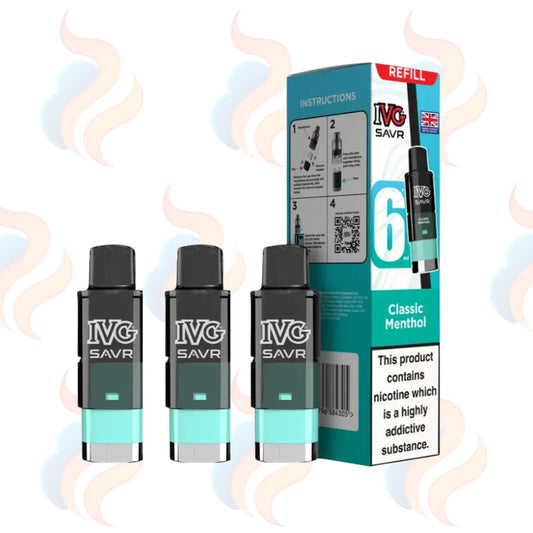 Three IVG Savr vape refill pods with packaging on a white background.