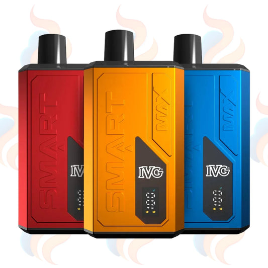 Three IVG SMART vape devices in red, orange, and blue on a white background.