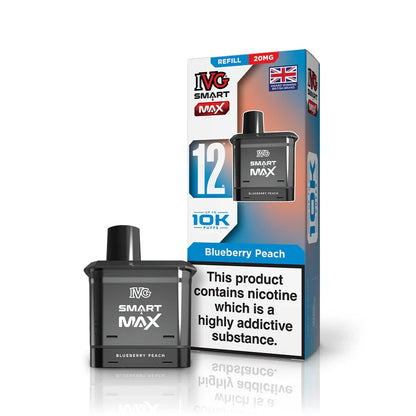 IVG Smart Max 10k Vape refill pod in "Blueberry Peach" flavour beside colourful packaging on a white background,