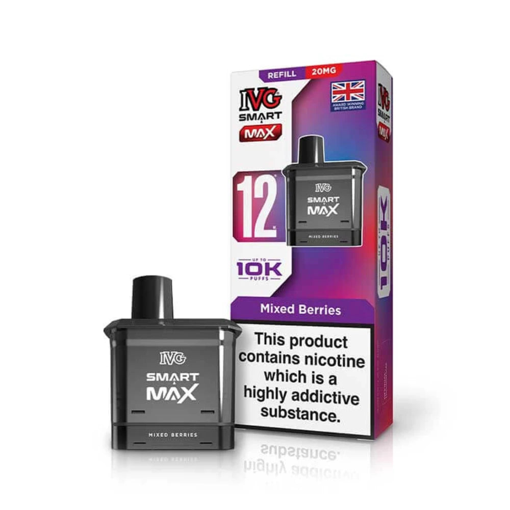 IVG Smart Max 10k Vape refill pod in "Mixed Berries" flavour beside colourful packaging on a white background,