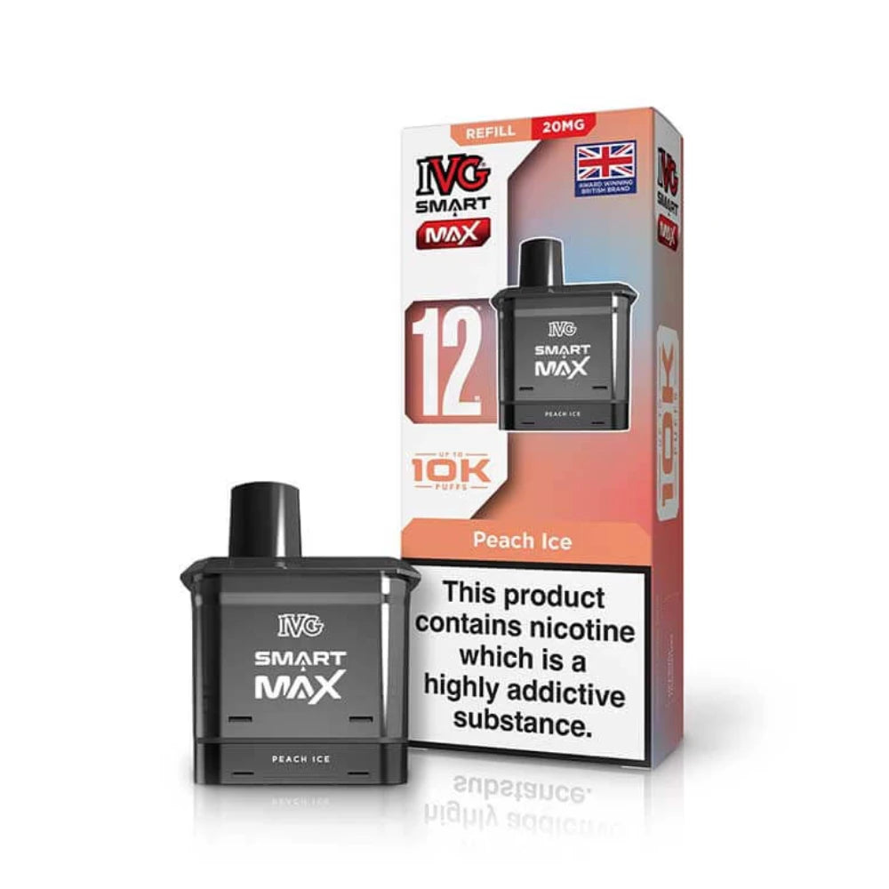 IVG Smart Max 10k Vape refill pod in "Peach Ice" flavour beside colourful packaging on a white background,