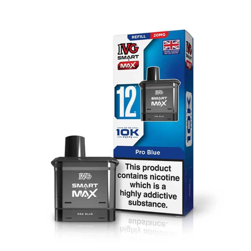 IVG Smart Max 10k Vape refill pod in "Pro Blue" flavour beside colourful packaging on a white background,
